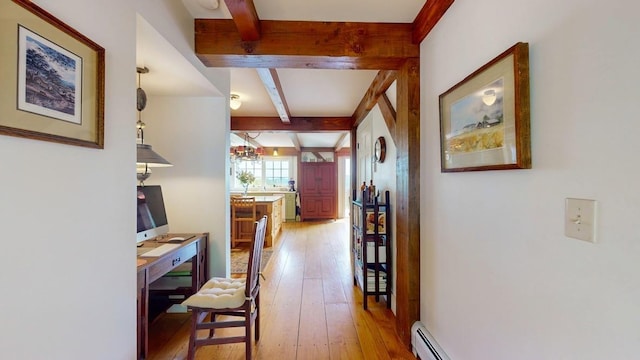 1074 N Hollow Rd, Rochester, VT 05767 - hall featuring light wood-style floors, beamed ceiling, a chandelier, baseboard heating, and an office area