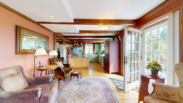 1074 N Hollow Rd, Rochester, VT 05767 - living area with light wood finished floors, beamed ceiling, and recessed lighting