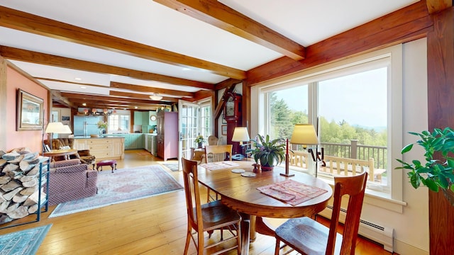 1074 N Hollow Rd, Rochester, VT 05767 - dining area featuring beamed ceiling, light wood finished floors, and recessed lighting