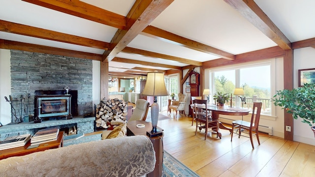 1074 N Hollow Rd, Rochester, VT 05767 - living room with beam ceiling, wood-type flooring, and a stone fireplace