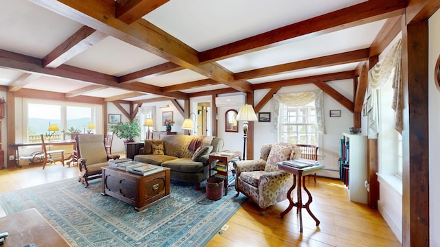 1074 N Hollow Rd, Rochester, VT 05767 - living room featuring beam ceiling, an AC wall unit, light wood finished floors, baseboard heating, and coffered ceiling