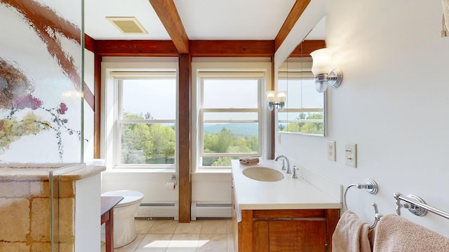 1074 N Hollow Rd, Rochester, VT 05767 - bathroom featuring vanity, baseboard heating, beamed ceiling, and tile patterned floors