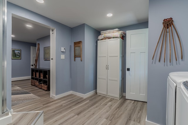12 Garrison Ln, Madbury, NH 03823 - laundry room featuring washer and clothes dryer, light wood-style flooring, cabinet space, and recessed lighting