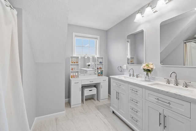 10 Jeremy Hill Rd, Pelham, NH 03076 - bathroom featuring double vanity, marble finish floors, and a shower with shower curtain