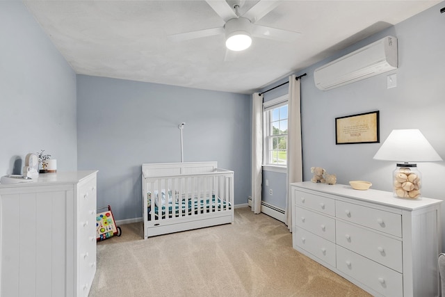 10 Jeremy Hill Rd, Pelham, NH 03076 - bedroom featuring a wall mounted air conditioner, light colored carpet, a nursery area, a baseboard radiator, and ceiling fan