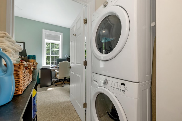 116 Piscataqua Rd Unit C, Durham, NH 03824 - washroom with estacked washer and dryer, carpet floors, and a desk