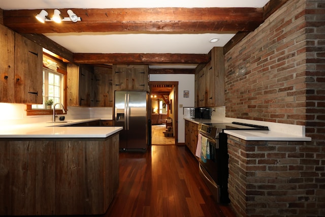 1448 Bound Tree Rd, Hopkinton, NH 03229 - kitchen featuring appliances with stainless steel finishes, dark wood-style flooring, a peninsula, light countertops, and beamed ceiling