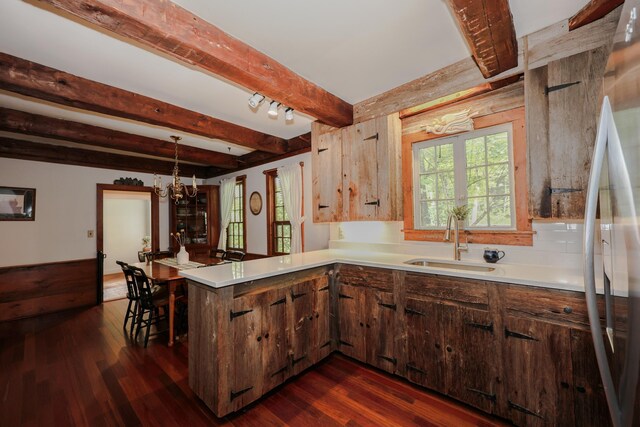 1448 Bound Tree Rd, Hopkinton, NH 03229 - kitchen featuring dark wood finished floors, beam ceiling, a peninsula, light countertops, and stainless steel refrigerator with ice dispenser
