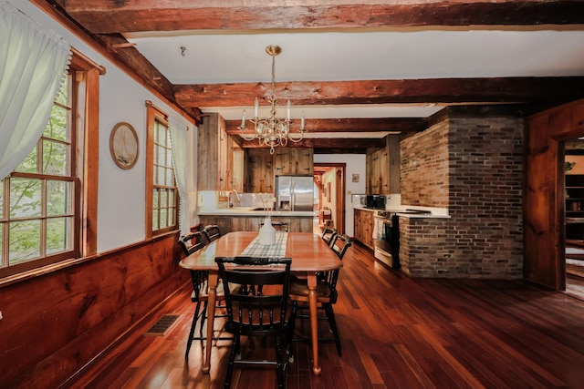 1448 Bound Tree Rd, Hopkinton, NH 03229 - dining room featuring a chandelier, dark wood-style flooring, wood walls, a wainscoted wall, and beam ceiling