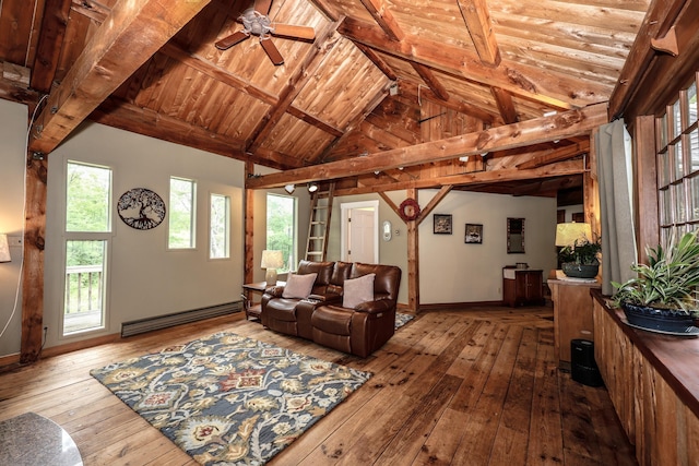 1448 Bound Tree Rd, Hopkinton, NH 03229 - living area featuring a baseboard heating unit, wood-type flooring, wooden ceiling, and a ceiling fan