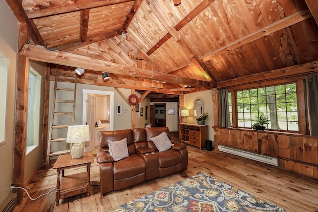 1448 Bound Tree Rd, Hopkinton, NH 03229 - living room featuring a baseboard heating unit, wooden ceiling, and wood-type flooring