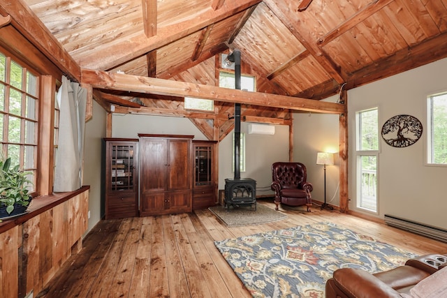 1448 Bound Tree Rd, Hopkinton, NH 03229 - living room with wood-type flooring, a wood stove, wood ceiling, an AC wall unit, and baseboard heating