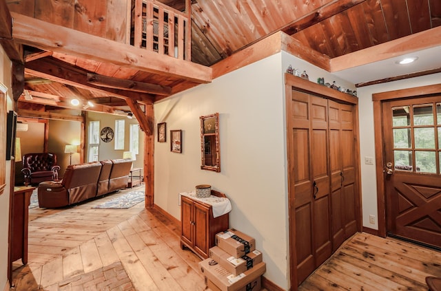 1448 Bound Tree Rd, Hopkinton, NH 03229 - foyer with a wooden ceiling with exposed beams, light wood-type flooring, and recessed lighting