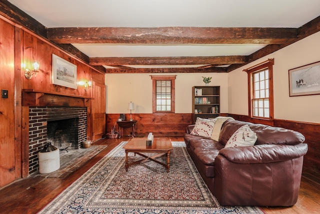 1448 Bound Tree Rd, Hopkinton, NH 03229 - living area with wood-type flooring, wood walls, plenty of natural light, wainscoting, and beamed ceiling
