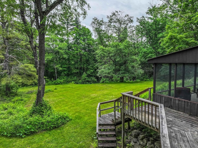 1448 Bound Tree Rd, Hopkinton, NH 03229 - view of grassy yard featuring a sunroom, a wooden deck, and stairway