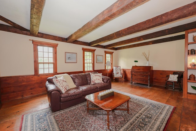 1448 Bound Tree Rd, Hopkinton, NH 03229 - living area with a wainscoted wall, beamed ceiling, hardwood / wood-style floors, and wooden walls