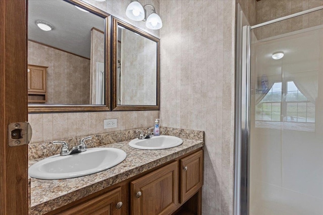 908 Gilbert Rd, Williamstown, VT 05679 - full bath with double vanity and an enclosed shower