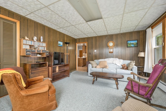 906 N Main St, Laconia, NH 03246 - living area with carpet flooring, wooden walls, and a drop ceiling