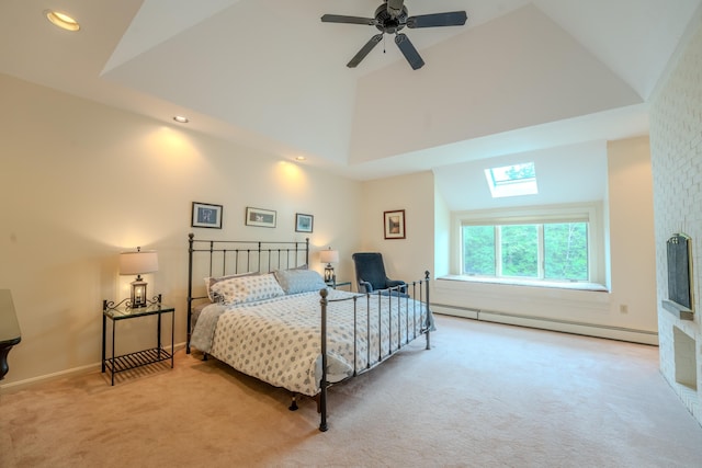 58 Bunker Ln Unit 3, Lincoln, NH 03251 - carpeted bedroom with a baseboard heating unit, recessed lighting, a skylight, high vaulted ceiling, and ceiling fan