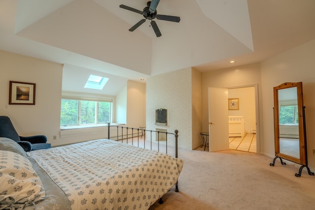 58 Bunker Ln Unit 3, Lincoln, NH 03251 - carpeted bedroom featuring a skylight, high vaulted ceiling, recessed lighting, a ceiling fan, and a baseboard radiator