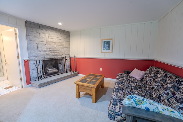 58 Bunker Ln Unit 3, Lincoln, NH 03251 - carpeted living area featuring a stone fireplace and baseboards