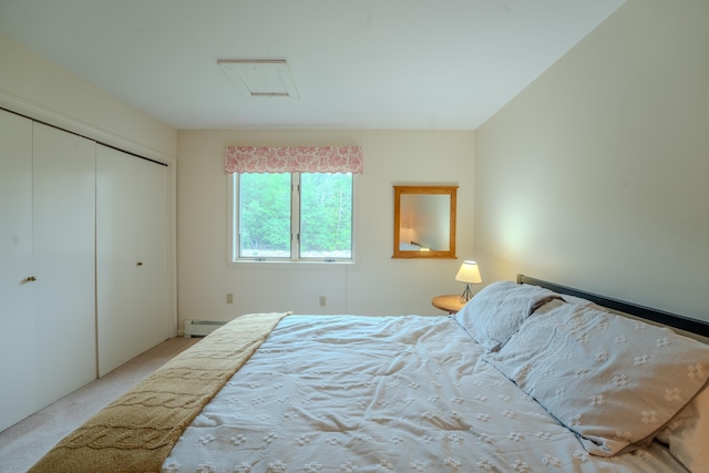 58 Bunker Ln Unit 3, Lincoln, NH 03251 - bedroom featuring carpet floors, attic access, a closet, and a baseboard radiator