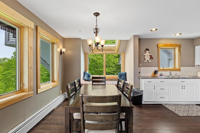 105 Timberline Rd S Unit L8, Killington, VT 05751 - dining room featuring a baseboard radiator, a chandelier, dark wood-style floors, and recessed lighting