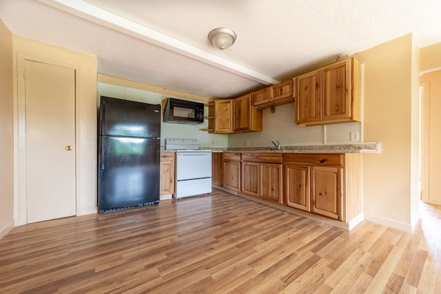30 Beech St Unit 4B, Bristol, NH 03222 - kitchen featuring black appliances, light wood-type flooring, open shelves, brown cabinetry, and beamed ceiling
