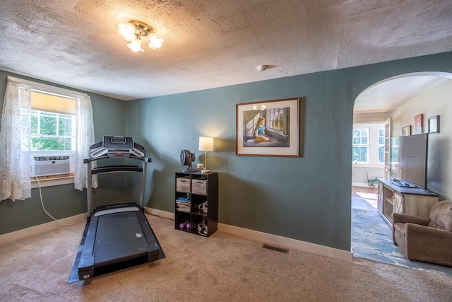 83 Tamworth Rd, Tamworth, NH 03886 - exercise area with arched walkways, a textured ceiling, carpet floors, and cooling unit