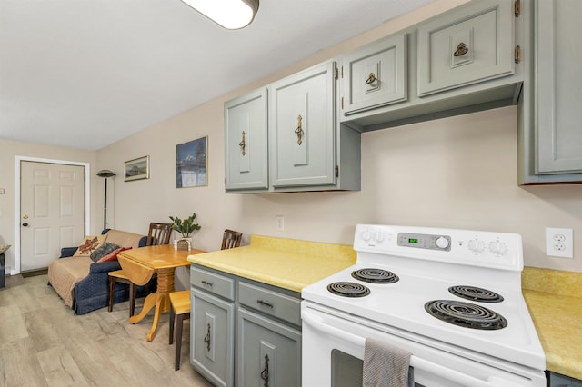 42 Wylie Ct Unit 6, Conway, NH 03860 - kitchen with white range with electric stovetop, gray cabinetry, light wood-style floors, and light countertops
