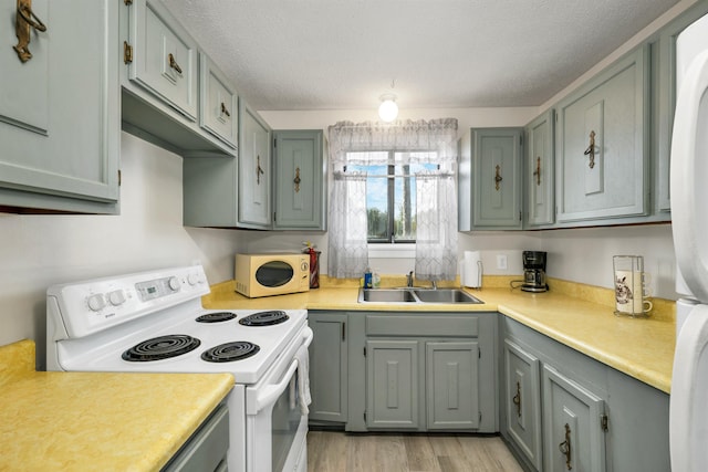 42 Wylie Ct Unit 6, Conway, NH 03860 - kitchen with white appliances, light countertops, a textured ceiling, light wood-style floors, and gray cabinetry