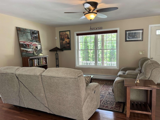 142 Eagle Shore Rd, Moultonborough, NH 03254 - living area featuring a baseboard heating unit, dark wood-type flooring, and ceiling fan