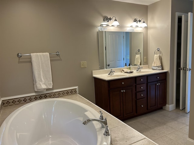 142 Eagle Shore Rd, Moultonborough, NH 03254 - bathroom with double vanity, a garden tub, and tile patterned floors