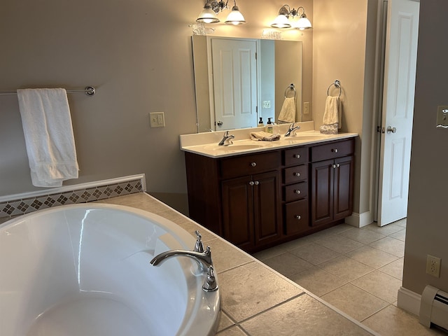 142 Eagle Shore Rd, Moultonborough, NH 03254 - full bathroom featuring baseboard heating, double vanity, tile patterned flooring, and a bath