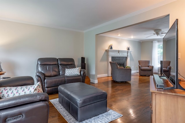 35 Fletcher Ln, Hollis, NH 03049 - living room with ornamental molding, dark wood-style floors, a fireplace, and a ceiling fan
