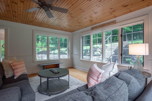35 Fletcher Ln, Hollis, NH 03049 - living area with wood finished floors, a wainscoted wall, a ceiling fan, wood ceiling, and ornamental molding