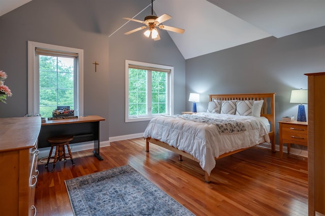 35 Fletcher Ln, Hollis, NH 03049 - bedroom featuring wood finished floors, high vaulted ceiling, and a ceiling fan
