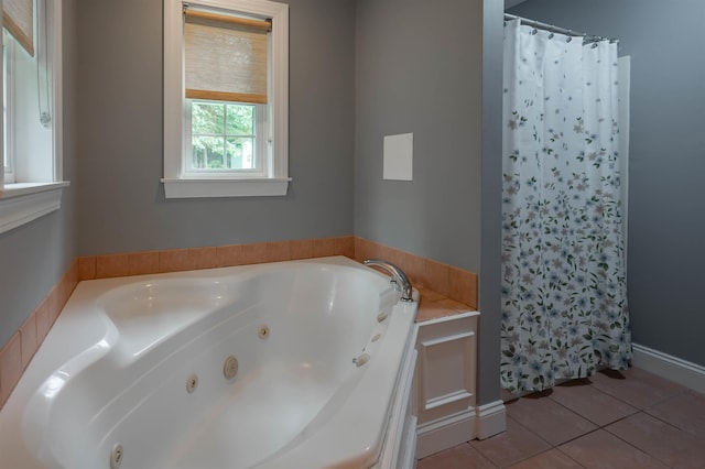 35 Fletcher Ln, Hollis, NH 03049 - full bathroom featuring a jetted tub, a shower with curtain, and tile patterned floors