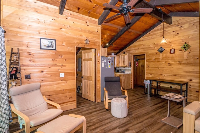25 Singer Ln, Conway, NH 03813 - living area featuring wooden ceiling, a ceiling fan, wood walls, and dark wood finished floors
