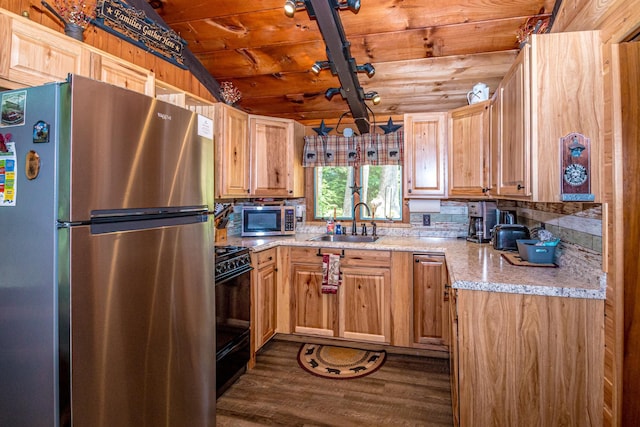 25 Singer Ln, Conway, NH 03813 - kitchen with stainless steel appliances, a wood ceiling with exposed beams, dark wood finished floors, light stone countertops, and decorative backsplash