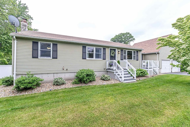 71/2 Olesen Rd, Derry, NH 03038 - single story home featuring a front yard, a chimney, an outdoor structure, and roof with shingles