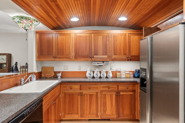 85 Dartmouth College Hwy Unit 204, Lyme, NH 03768 - kitchen with stainless steel fridge with ice dispenser, dishwasher, vaulted ceiling, wood ceiling, and brown cabinetry