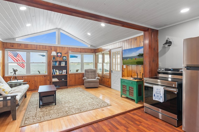 174 Kirk And Fitts Rd, Alburgh, VT 05440 - living area with hardwood / wood-style floors, wooden walls, wooden ceiling, and recessed lighting