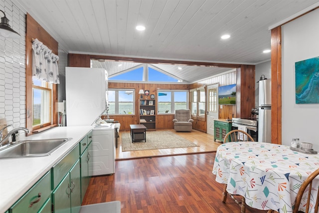 174 Kirk And Fitts Rd, Alburgh, VT 05440 - dining area featuring wood ceiling, dark wood-type flooring, wooden walls, recessed lighting, and lofted ceiling