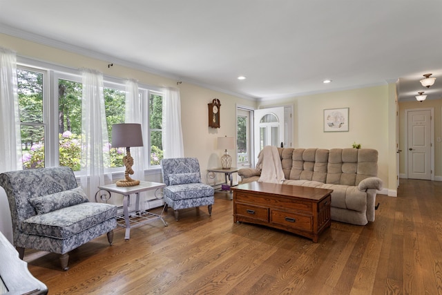 496 Coles Hill Rd, Wells, ME 04090 - living area with ornamental molding, wood finished floors, and recessed lighting
