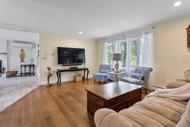 496 Coles Hill Rd, Wells, ME 04090 - living room featuring an AC wall unit, ornamental molding, recessed lighting, baseboard heating, and light wood-style floors