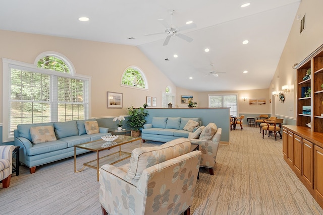 127 Hampton Mdws, Hampton, NH 03842 - living room featuring ceiling fan, high vaulted ceiling, and recessed lighting