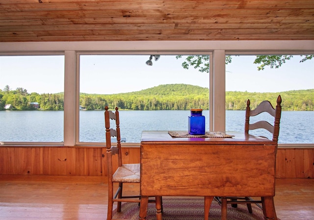 491 The Ln, Peacham, VT 05862 - dining space featuring wood finished floors, a water view, wooden ceiling, a view of trees, and wood walls