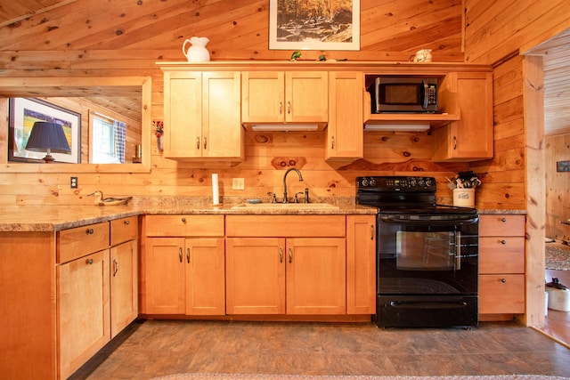 491 The Ln, Peacham, VT 05862 - kitchen featuring black electric range oven, wooden walls, light stone counters, and light brown cabinetry