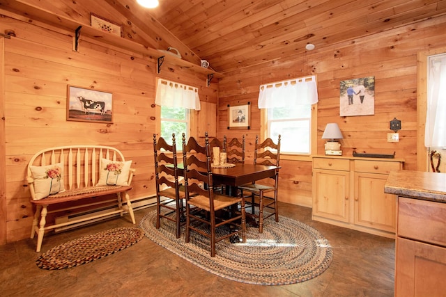 491 The Ln, Peacham, VT 05862 - dining space featuring vaulted ceiling, wood walls, and wood ceiling